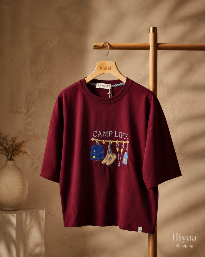 تیشرت باکسی طرح CAMP LIFE (پنبهای) – همراهِ خنک و ترندیِ روزهای گرم