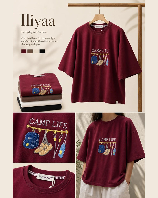 تیشرت باکسی طرح CAMP LIFE (پنبهای) – همراهِ خنک و ترندیِ روزهای گرم